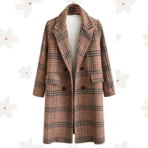 Women's Winter Oversize Lapel Collar Woolen Plaid Double Breasted Long Peacoat Jacket