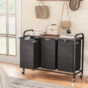 Laundry Hamper with Shelf, 3x46L Pull Out and Removable Laundry Bags with Letter Stickers, Metal Frame