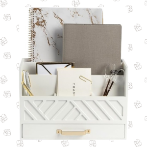 White Wooden Desk Organizer with Drawer and Gold Handle