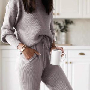 Women's Fall Rib Knit 2 Piece Outfit Sweater Top and Drawstring Long Pants with Pockets