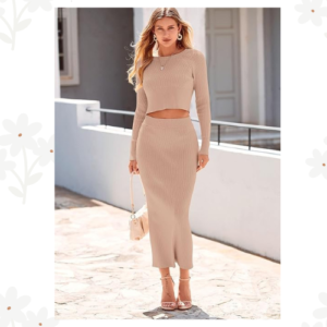 Women's Winter 2 Piece Sweater Set Ribbed Knit Long Sleeve Crop Tops and Maxi Bodycon Skirt
