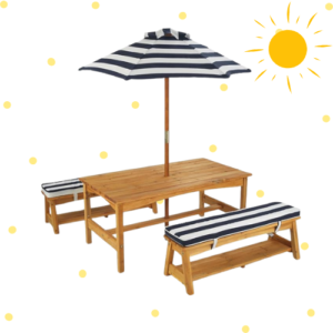 Outdoor Wooden Table & Bench Set with Cushions and Umbrella for Kids Ages 3-8