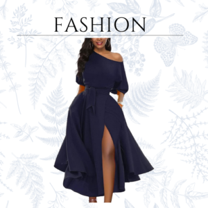 Women’s Elegant Off Shoulder Short Sleeve Belted Side Slit Cocktail Party Swing Dress with Pockets