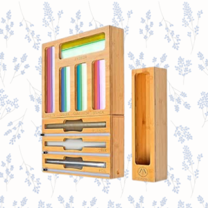 Storage Bag Organizer for Kitchen Drawer, Bamboo Foil and Plastic Wrap with Cutter