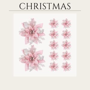 5.7 Inch Artificial Poinsettias Christmas Glitter Flowers with Clips Xmas Tree Flower Ornament Poinsettias Decor (Rose Gold,12 Pieces)