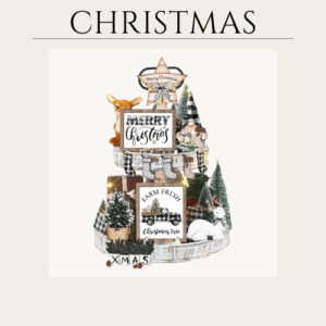 13 Pcs Christmas Tiered Tray Decor Set Xmas Black and White Plaid Gnome Wooden Tabletop Signs Elk Gnome Truck Stocking