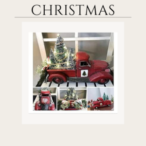 Vintage Red Truck Christmas Decor with a Lit-up Christmas Tree Wrapped Around by LED Lights String, Farmhouse Metal Pickup Truck Decor, Great Gift for Holiday Decorations (Lighted)