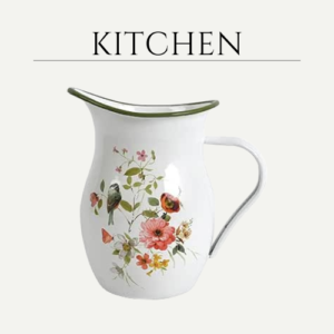 Enamel Pitcher with Wide Handle and Green Rim