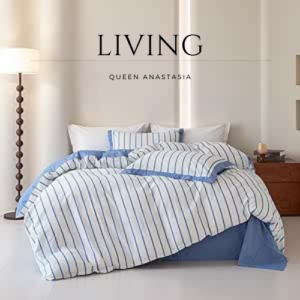 Striped Duvet Cover Queen 100% Washed Cotton Blue and White