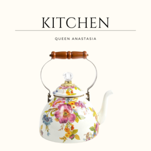 Enamel Tea Kettle, S for Stovetop, White Flower Market, 3 Quarts