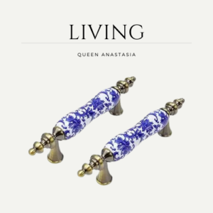 3" Holes Center to Center Blue Floral Cabinet Pulls Ceramic Antique Bronze set of 2